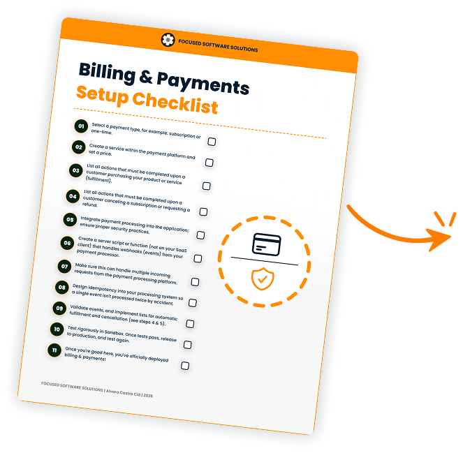 Billing and Payments Setup Checklist sample form showing payment integration checklist items
